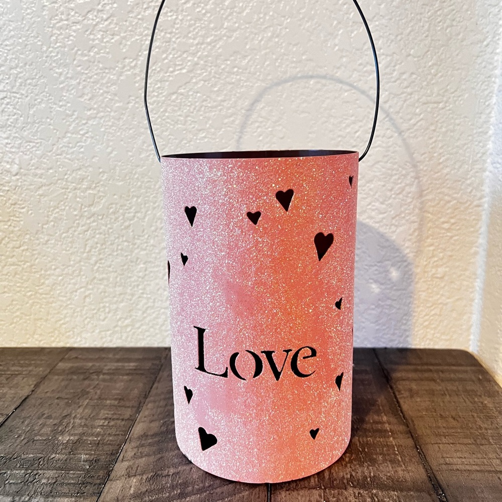 Valentine Love Pink Sparkly Candle Holder Metal 7"x4.5" Used READ